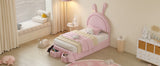 English Elm Twin Size Upholstered Rabbit-Shape Bed With 2 Storage Stools, Velvet Platform Bed With Cartoon Ears Shaped Headboard, Pink