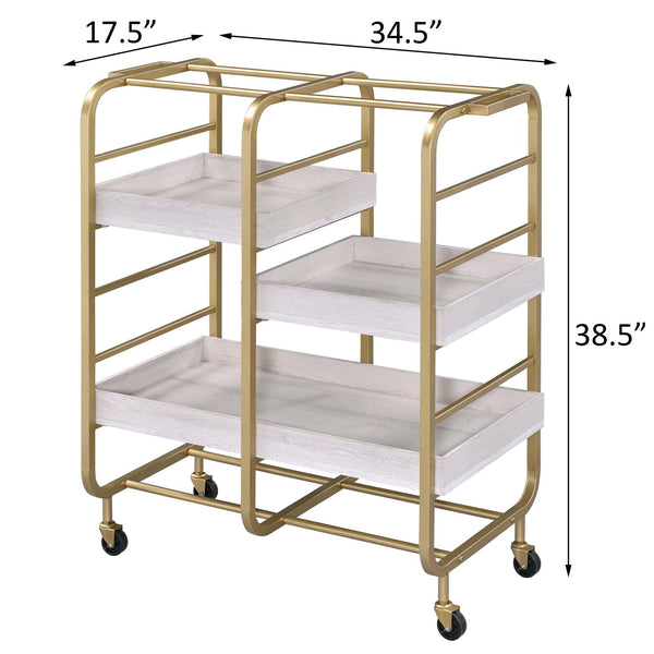 English Elm Gold Gold and White Washed Serving Cart with Industrial Frame, 3 Adjustable Trays, Smooth Casters for Entertaining and Durable Mobility B062P186560