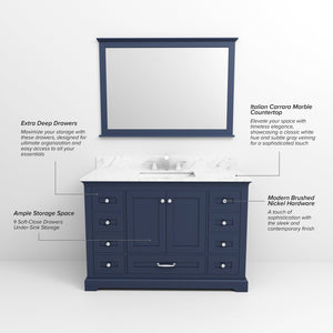 English Elm Navy Single Bath Vanity 48" W x 22" D with Carrara Marble Top, Soft-Close Drawers & Chrome Faucet Set B2731P258357