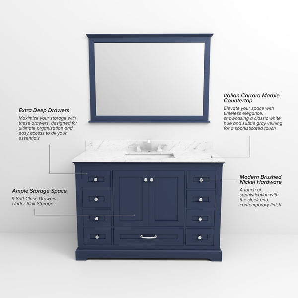 English Elm Navy Single Bath Vanity 48" W x 22" D with Carrara Marble Top, Soft-Close Drawers & Chrome Faucet Set B2731P258357