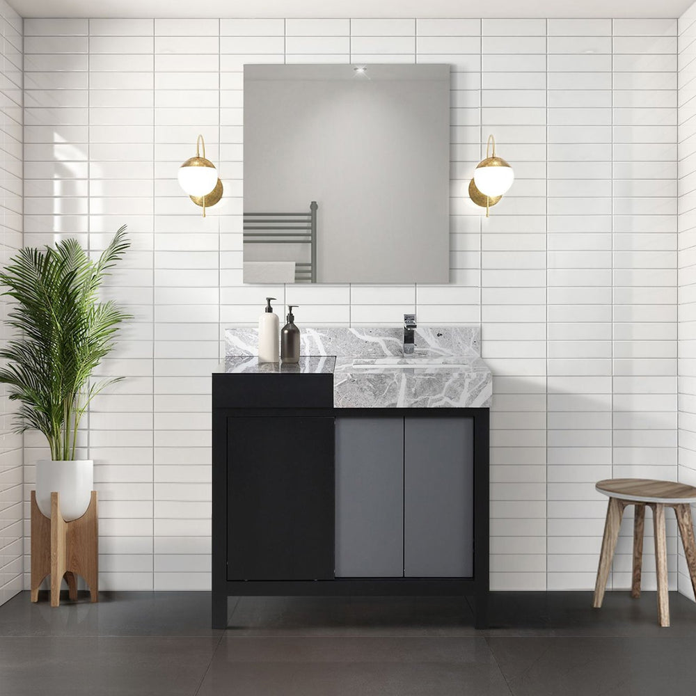 English Elm Black Contemporary Bath Vanity 36" W X 22" D With Castle Grey Marble Top & Chrome Faucet Included B2731P261084