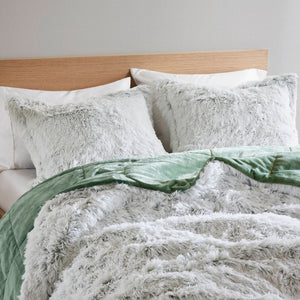 English Elm 3 Pcs King/Cal King Shaggy Faux Fur Comforter Mini Set - Luxurious Green/White Cozy Bedding Ensemble B035P319585