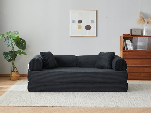 English Elm 78.8" Corduroy Modular Floor Sofa Convertible Sleeper Futon with Pillow Back Support Black W5617P456006