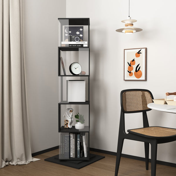English Elm 5 tier rotating bookshelf with 360° swivel, large-capacity wood veneer rack with acrylic shelves and anti-tip base Black W409P167481