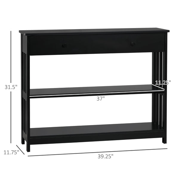 English Elm HOMCOM Narrow Console Table with Extra Wide Drawer, Slatted Frame, 2 Open Shelves & Anti-Tip Safety Black W2225P249592