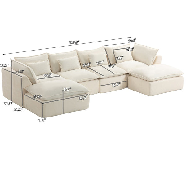 English Elm 129.8" Wide Modular Cloud Sectional Cotton Linen Sofa with Deep Foam Seats and Ottomans Antique White W2530S00016