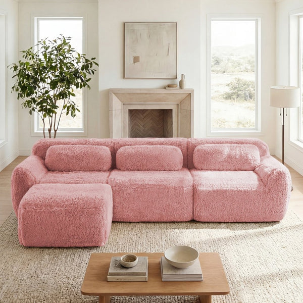 English Elm L-shaped Plush Modular Sectional Sofa with Ottoman and High Resilience Foam Seating Pink W714S01559