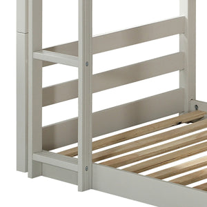 English Elm Light Triple Bunk Bed Twin Over Twin Solid & Composite Wood Loft with Slats, Guardrails, Ladders, Versatile Use B062S00460