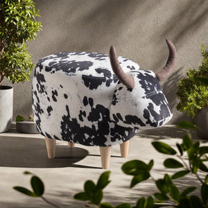 English Elm Christopher Knight Home® - Animal Cow Ottoman with Velvet Horns and Birch Legs — Whimsical Fabric Footstool for Cozy Décor White+Black 61391.00BWC