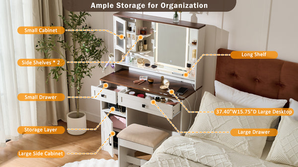 English Elm Farmhouse Makeup Vanity Desk with Lighted Mirror, Built-In Charging Station, Ample Storage and Stool White N844P291652M