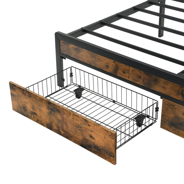 English Elm Full Bed Frame with LED Headboard, 2 Under-Bed Drawers, USB Charging Station, Durable MDF/Iron Frame W311P284695