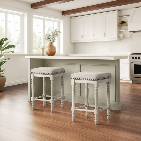 English Elm Tasnim Counter Height Stool Set of 2 in Antique White & Tan Upholstered Seat, Nailhead Trim Accents B2726P285037