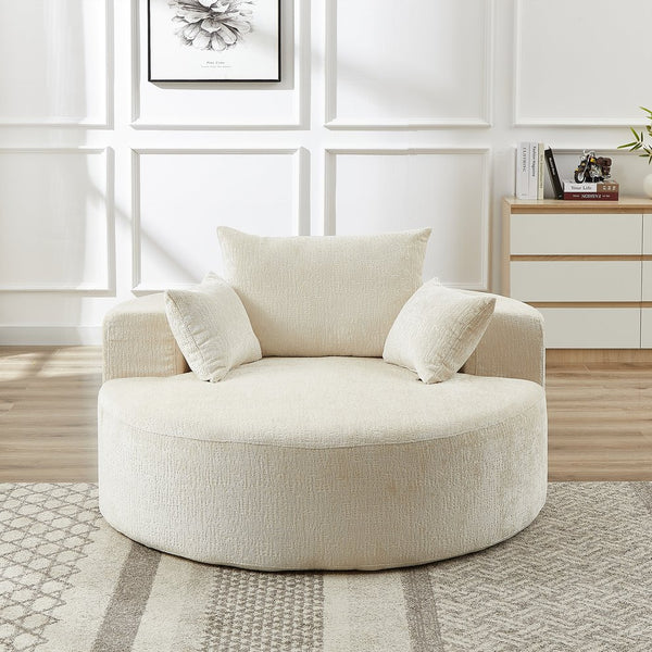 English Elm 55'L Chenille Sponge Single Sofa No Assembly Beige Fluffy Modern Sleeper Chair with Head Pillow Support for Living Room Lounge Bedroom Comfort W834P221027
