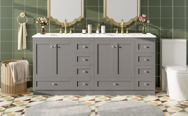English Elm 72 Shaker Bathroom Vanity 72" Double-Sink Freestanding with Ceramic Basin, Soft-Close Drawers & Doors Grey N729P000010E