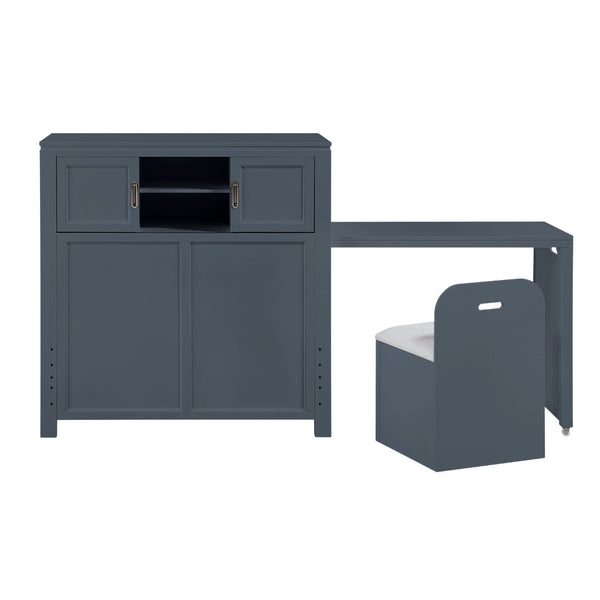 English Elm Gray Twin Platform Bed with Bookcase Headboard Hidden Desk Stool and Footboard Bench Navy Blue B011S02312