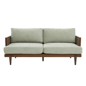 English Elm Emir Three Seat Boucle Sofa with Handwoven Cane Arms and Walnut Tapered Legs Light Green N773P285909G