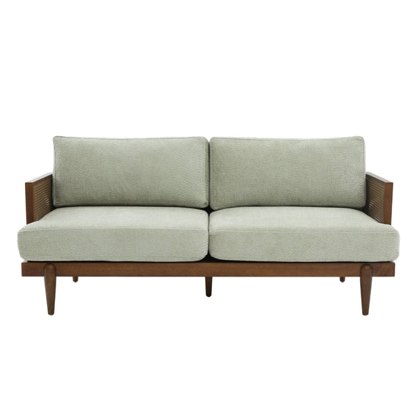 English Elm Emir Three Seat Boucle Sofa with Handwoven Cane Arms and Walnut Tapered Legs Light Green N773P285909G