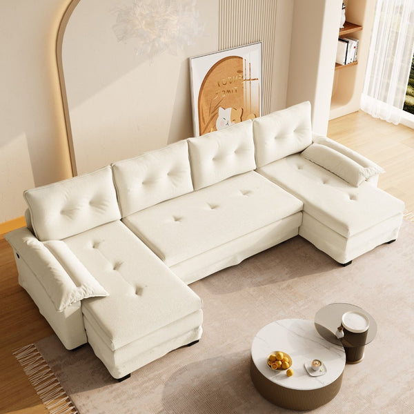 English Elm 109.5" Oversized U-shaped Sectional Sleeper Chenille Modular Sofa with Usb Ports Beige+White W1885S00438