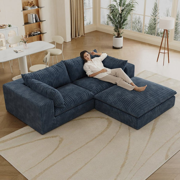 English Elm 39.8" Cloud Modular Sofa Plush Corduroy Deep Seat Feather Fill Living Room Couch Blue W2824S00191