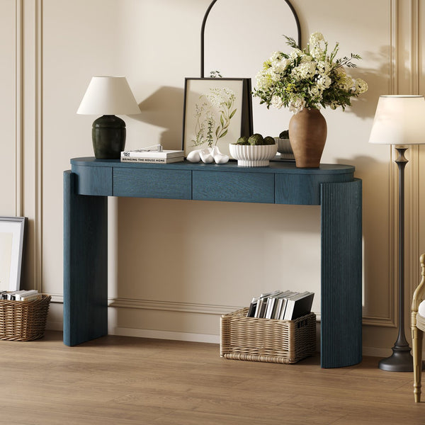 English Elm TREXM Entryway Table with Natural Oak Veneer, Fluted Legs, Oval Top and Two Drawers for Hallway Decor Navy N715P288632M