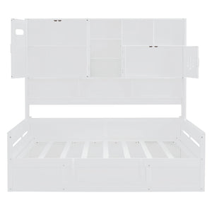 English Elm Full Size Wooden Daybed With Hydraulic Lift, Integrated Storage Cabinet & Stylish Shelving, White N820S00047K