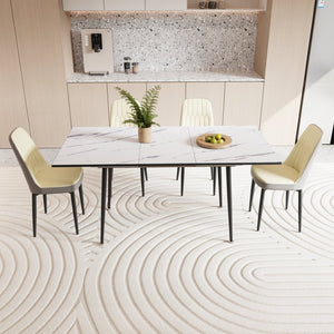 English Elm 47"-63" Extendable Mdf Dining Table Set with Pu Cushioned Chairs and Black Metal Legs W2189S00923
