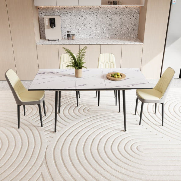 English Elm 47"-63" Extendable Mdf Dining Table Set with Pu Cushioned Chairs and Black Metal Legs W2189S00923