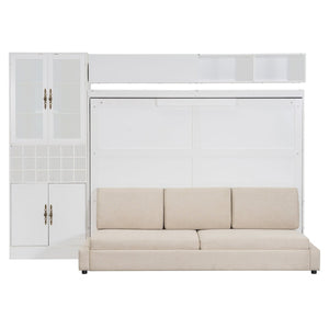 English Elm Queen Murphy Wall Bed Sofa with Open Shelving Usb Charging and Integrated Studio Lighting Gray,White LP100764AAK