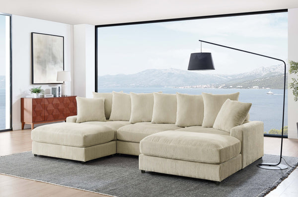 English Elm Reversible Corduroy Sectional with Ottoman Foam Cushions and Contrast Stitching Ivory B343S00049