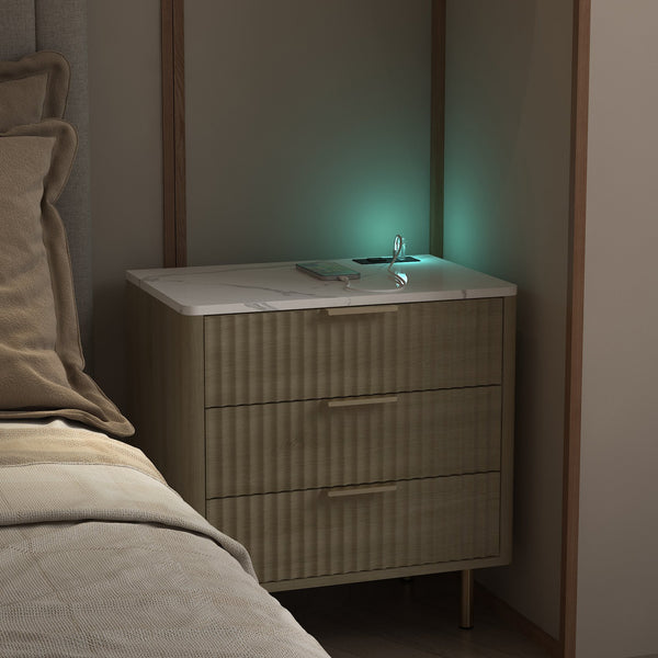 English Elm Nightstand With Smart Charging Station & Voice-Controlled Night Light - Modern Design With Storage Options W1321P374318