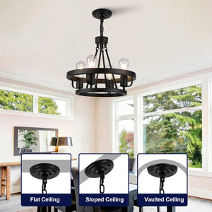 English Elm Four-light Wagon Wheel Pendant Matte Black Metal Industrial Plug-in Dining Fixture W2991P407027