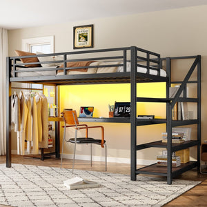 English Elm Twin Xl Metal Loft Bed with Stair Storage Shelves Sturdy Steel Frame for Dorms W1580S00481