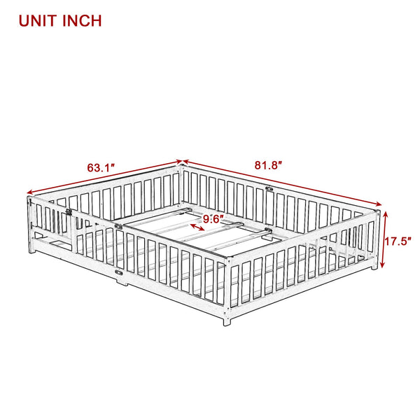 English Elm Queen Floor Bed with Safety Fence and Guardrails, Rubberwood Low Profile Platform for Kids Grey W504P286386