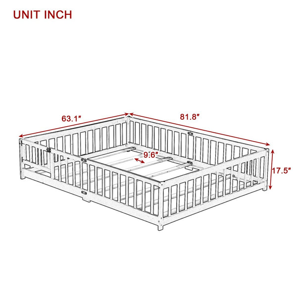 English Elm Queen Rubber Wood Floor Bed with Full Perimeter Safety Fence and Hinged Access Door Pink W504P429344