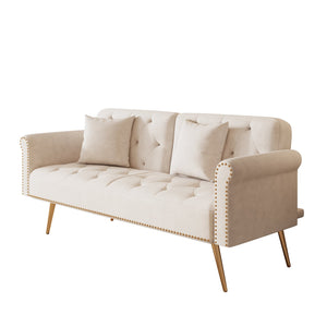 English Elm A Velvet 69.7" Sofa Bed with Gold Legs, Nailhead Trim, 2-Seater Convertible Sofa with Pillow Beige W3356P298442