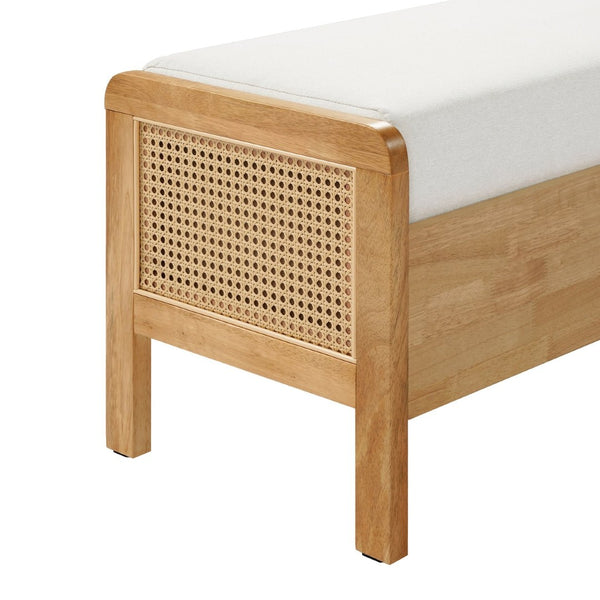 English Elm Upholstered Storage Bench with Pe Rattan Panels Oak Rubberwood Legs Boho Accent N757P257636I