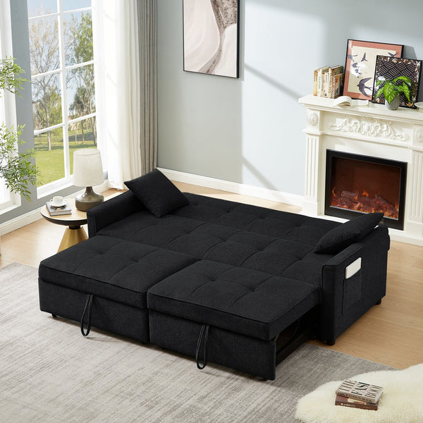 English Elm 3 Convertible Sleeper Sofa Bed with Pull-Out Chaise, Storage Armrests & Pockets, Compact Loveseat Couch Black W2318P268629