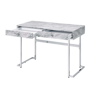 English Elm Rectangular Modern Writing Desk With Chrome Base And Luxe White Faux Marble Top For Stylish Offices B016P311828-GIGA
