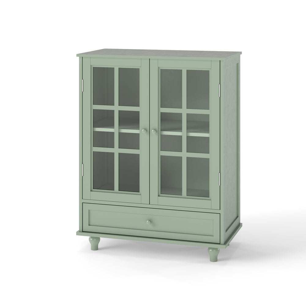 English Elm Minimalism Mint Green Buffet Cabinet with Tempered Glass Doors, Solid Wood Legs, Adjustable Shelves & Drawer (Classic Vintage) W2557P262926