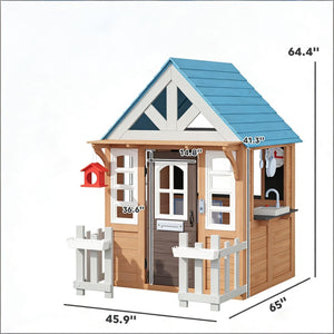 English Elm Garden Fir Wood Kids Playhouse with Toy Kitchen Chalkboard and Birdhouse Outdoors T3971P491771