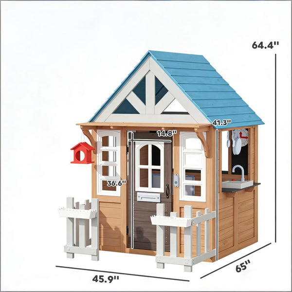 English Elm Garden Fir Wood Kids Playhouse with Toy Kitchen Chalkboard and Birdhouse Outdoors T3971P491771