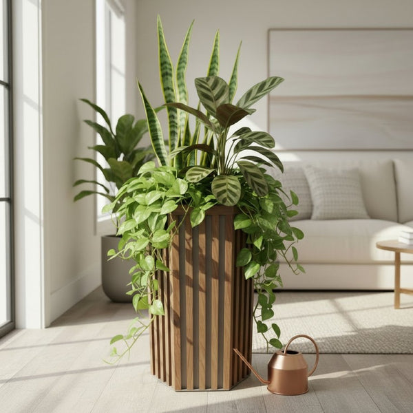 English Elm Hexagon Column Aluminum Outdoor Planter Geometric Architectural Patio Entryway Accent Chestnut B2755P462189