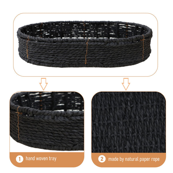 English Elm Small 3-Tier Handwoven Side Table with Detachable Baskets, Oval Metal Frame Organizer for Home Decor (Black) W1757P294427