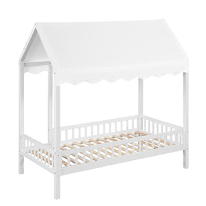 English Elm Gray Finish Canopy Platform Bed Scalloped Fabric Cover Solid Wood Twin Frame White B011P463889