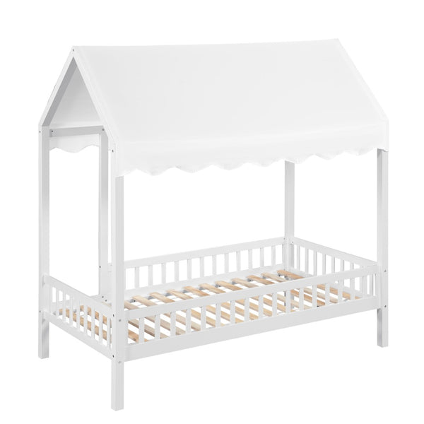 English Elm Gray Finish Canopy Platform Bed Scalloped Fabric Cover Solid Wood Twin Frame White B011P463889