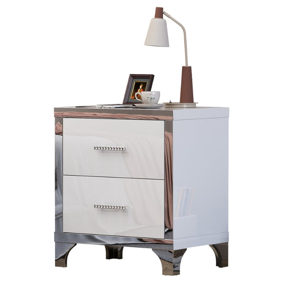 English Elm High Gloss Mirrored 2 Drawer Nightstand Slim Metal Legs Modern Bedroom Side Table White W5271P416521