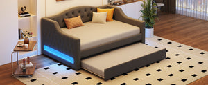English Elm Upholstered Full XL Daybed with LED Belt and Trundle, Linen Backrest, Modern Silhouette, 450lb Capacity Gray DL002059AAE