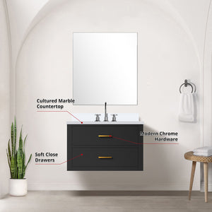 English Elm Black Single Bath Vanity Set With Cultured Marble Top, Frameless Mirror & Chrome Faucet – Ready To Install! B2731S01980