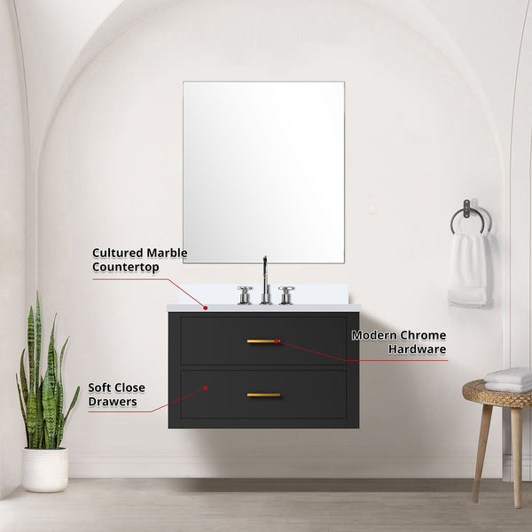 English Elm Black Single Bath Vanity Set With Cultured Marble Top, Frameless Mirror & Chrome Faucet – Ready To Install! B2731S01980
