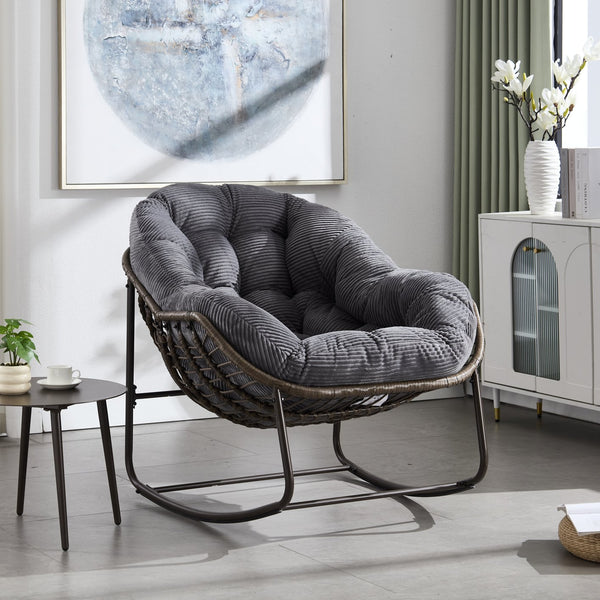 English Elm Outdoor Rattan Rocking Chair Oversized Hand-Woven Patio Egg Recliner with Plush Cushion Comfortably Rocking Grey W640P271518